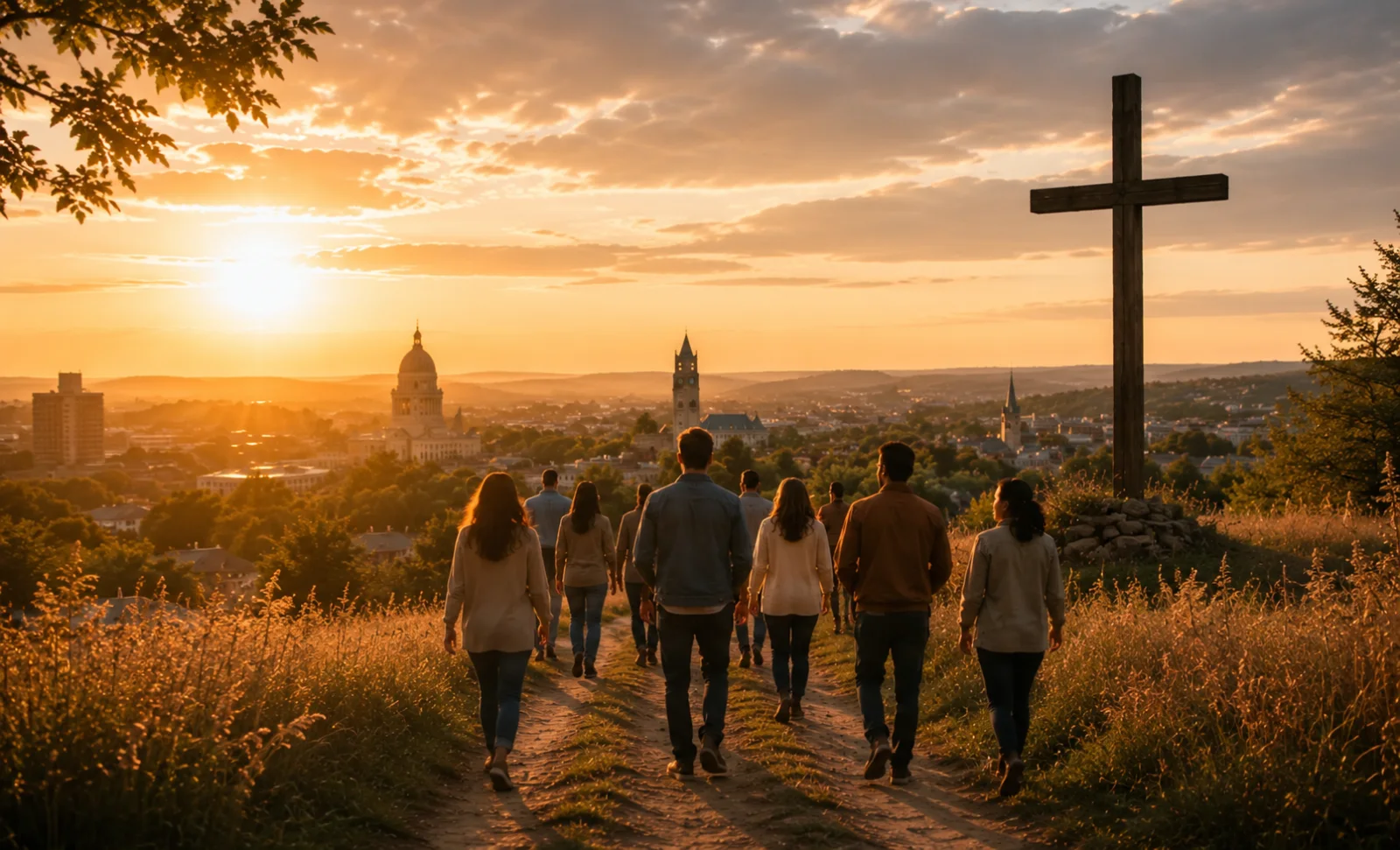 A community walking toward a cross at sunrise
