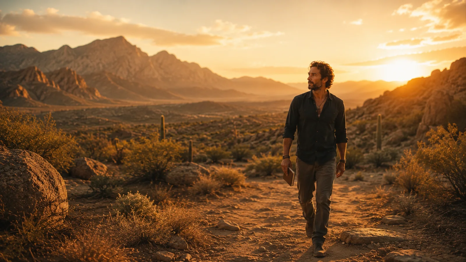 Matt Goodman walking through the Arizona desert at sunset